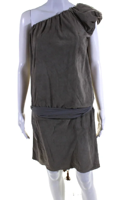 Women's Clothing Online Brunello Cucinelli Womens Silk One Shoulder Belted Dress Gray