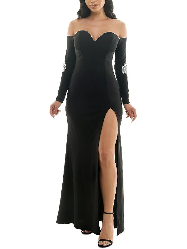 Minimalist Style Juniors Womens Maxi Off-The-Shoulder Fit & Flare Dress