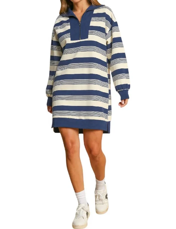 Stylish Savings Stripe Half Zip Up Dress In Blue