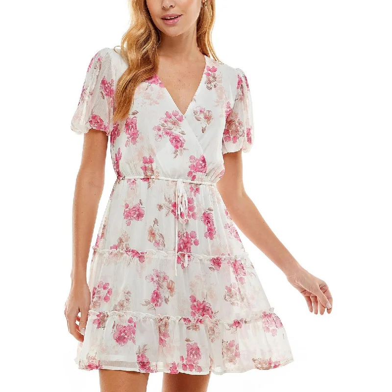Timeless Elegance Juniors Womens Tiered Tie Waist Fit & Flare Dress