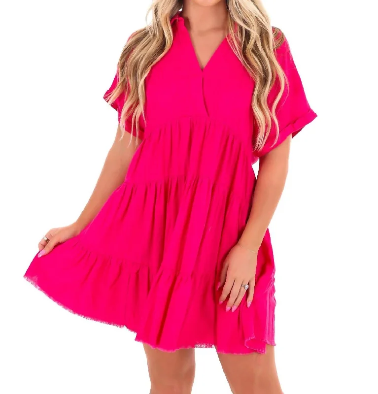 Relaxed Style Let's Go Back Linen Dress In Hot Pink
