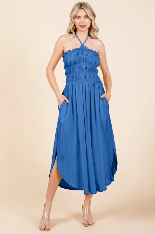 Relaxed Fashion Tie Back Shirring Dress with Pockets