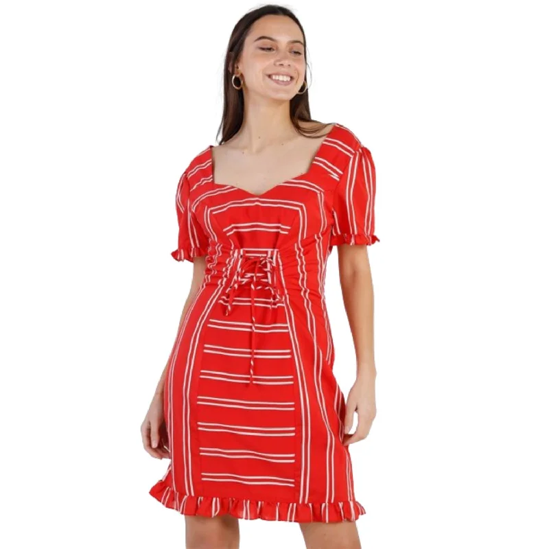 Relaxed Style Red Stripe Lace Up Front Detail Ruffle Trim Balloon Sleeve Dress