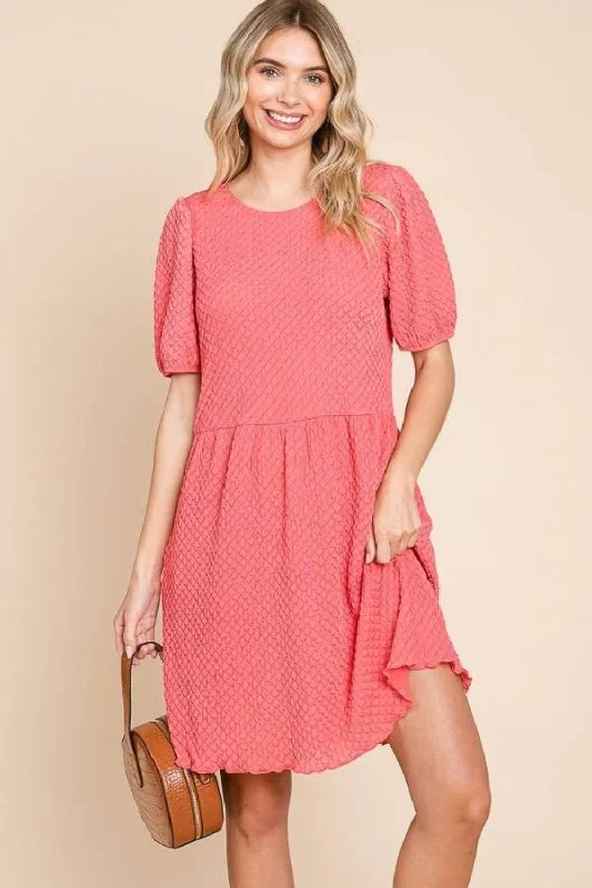 Women's Clothing Sale Full Size Textured Round Neck Puff Sleeve Dress