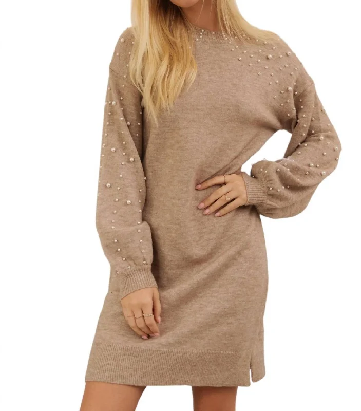 Women's Evening Wear Pearl Point Sweater Dress In Heathered Beige