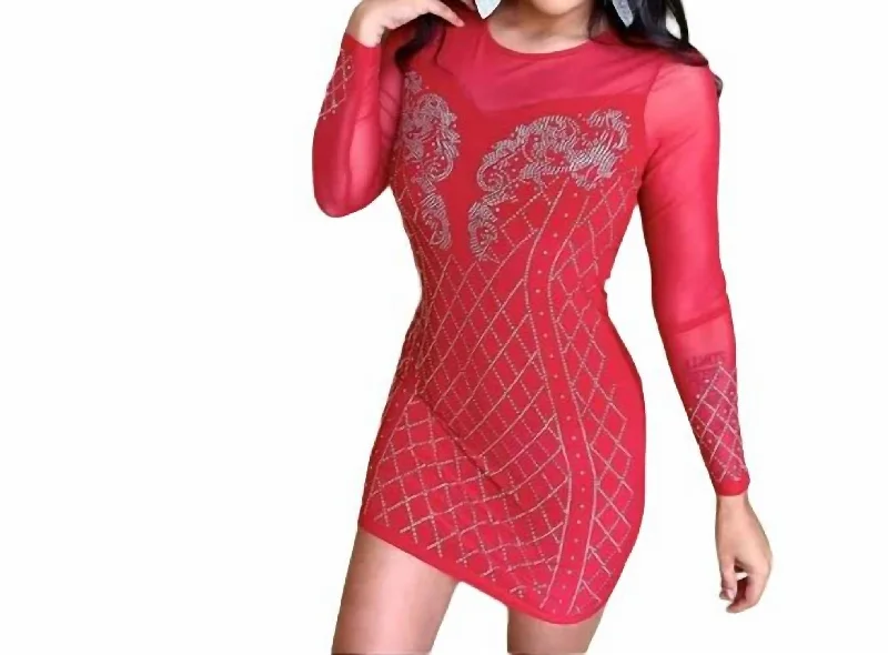Comfortable Women's Outfits Embellished With Rhinestones Dress In Red
