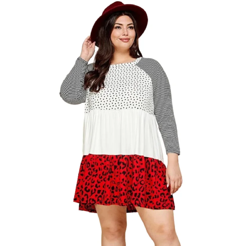 Vintage Women's Fashion Plus Size Cute Polka Dot And Animal Print Contrast Swing Tiered Dress