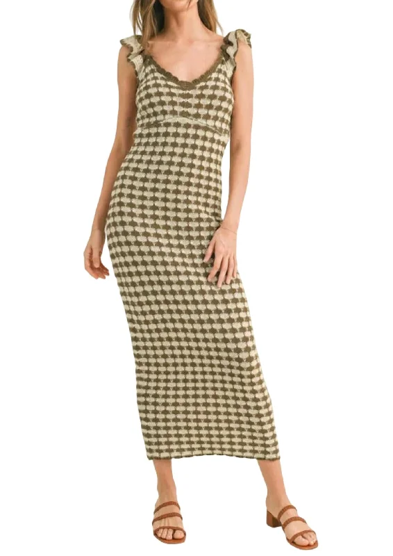 Luxury Women's Clothing Checkered Crochet Knitted Ruffle Sleeve Dress In Brown/stone
