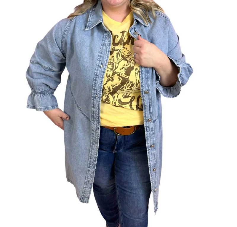 Women's Clothing Button Down 3/4 Sleeve Short Dress In Light Wash Denim