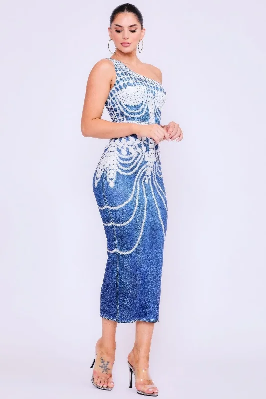 Women's Vintage-Inspired Clothing One Shoulder Denim Print Dress