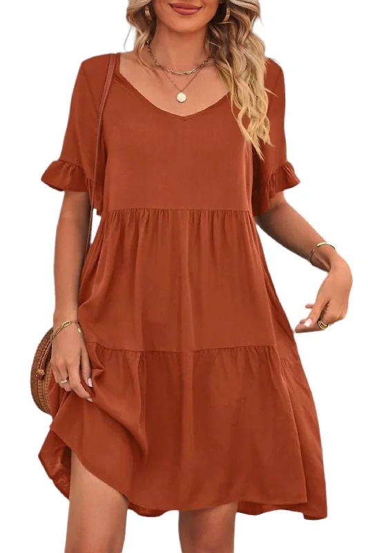 Women's High-Fashion Garments V-Neck Tiered Dress In Rust