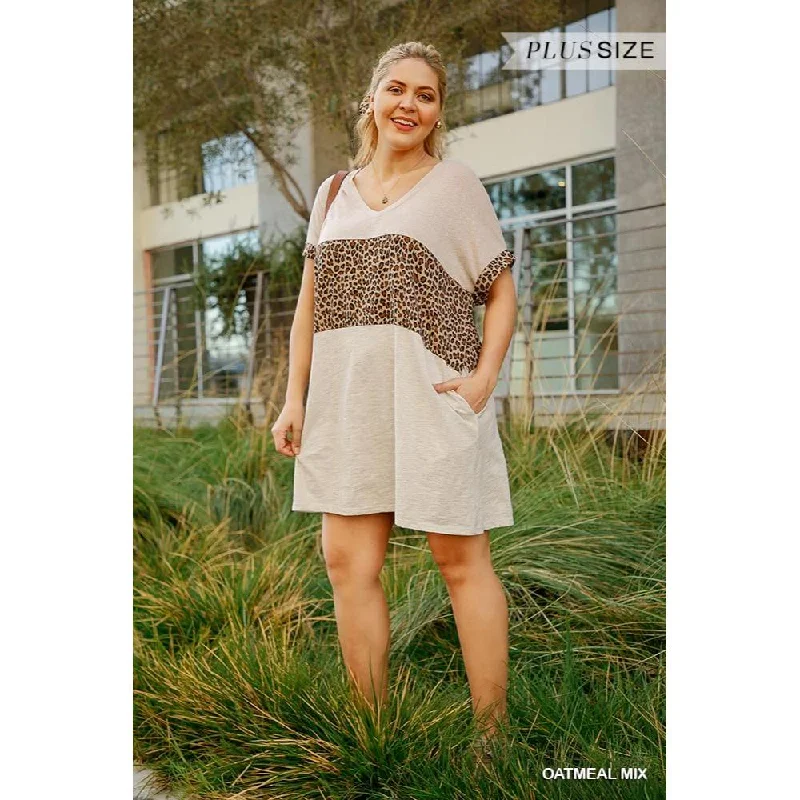 Trendy Women's Fashion Linen Blend Short Folded Sleeve Animal Print Colorblocked V-neck Dress With Pockets
