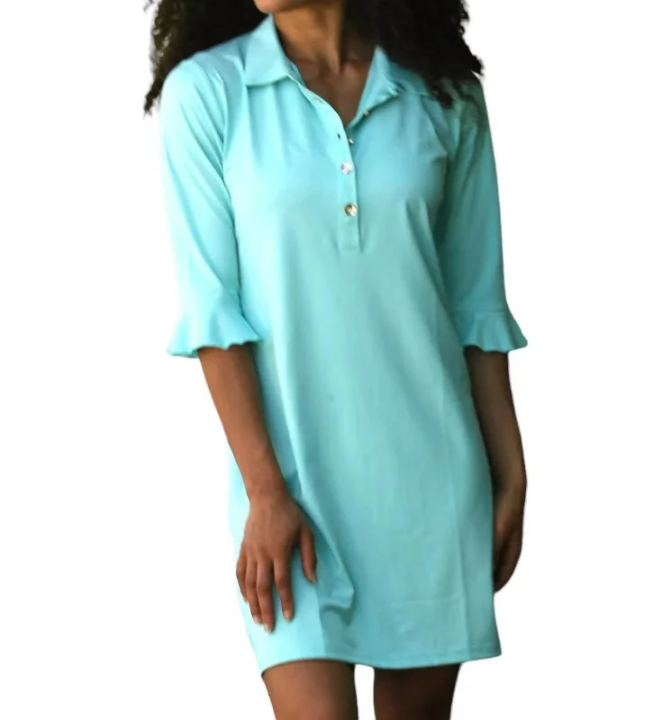 Trendy Women's Wear Marin Flounce Sleeve Polo Dress In Aqua