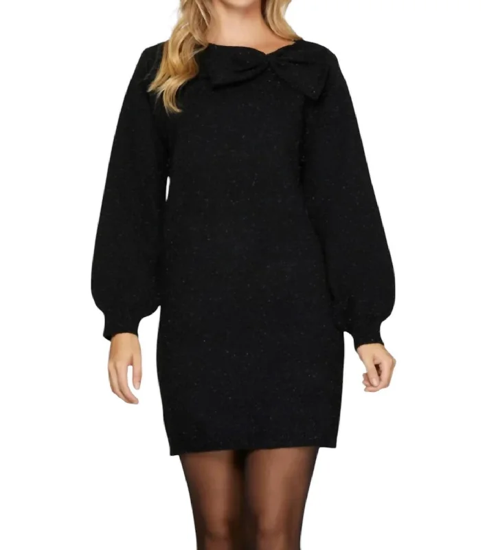 Affordable Women's Fashion Metallic Bow Tie Sweater Dress In Black