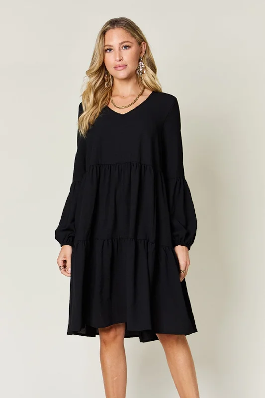 Clothes Sales Full Size V-Neck Balloon Sleeve Tiered Dress with Pockets