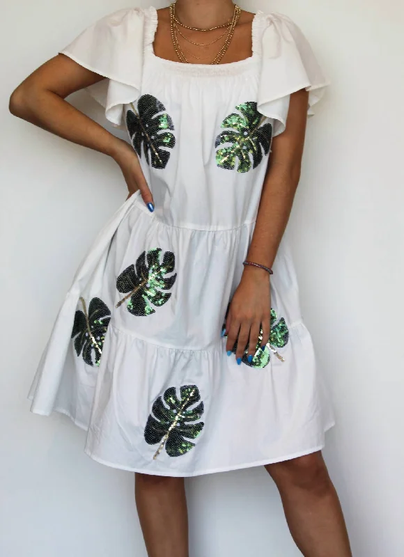 Wardrobe Upgrade Sequin Palms Tiered Dress In White