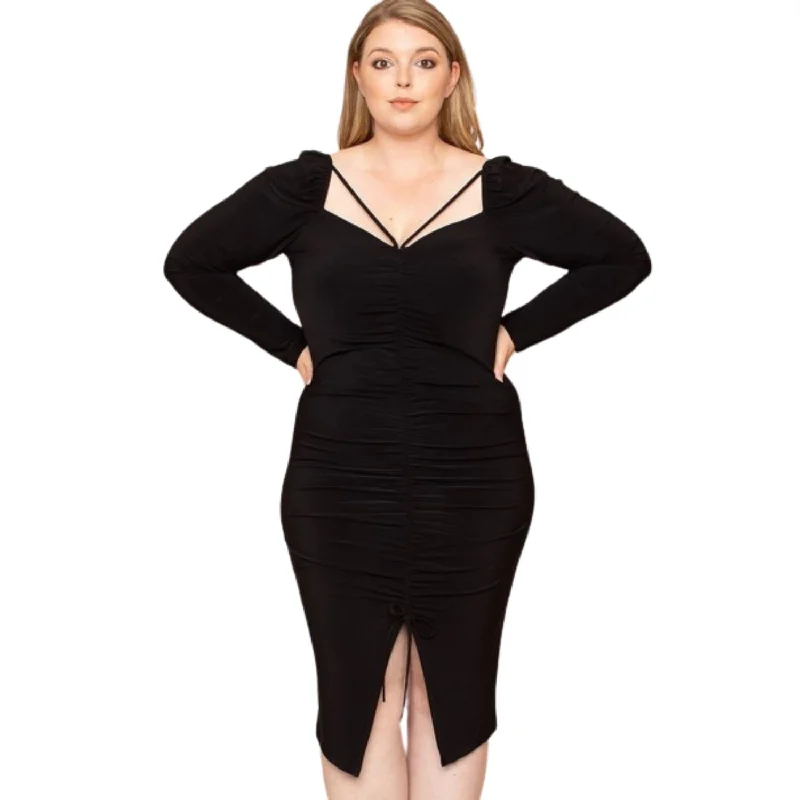 Chic Clothes For Women Deep Round Neck Shirring Detailed Back Plus Size Dress