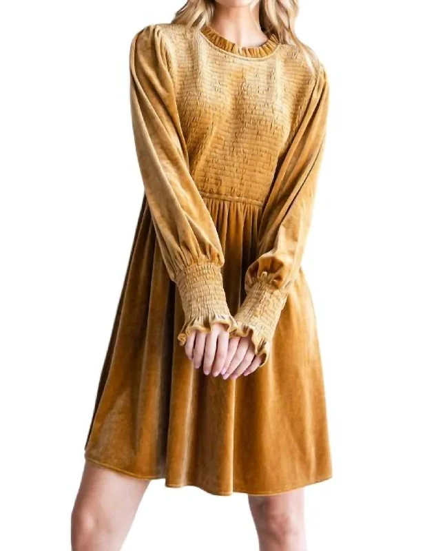 Women's Elegant Clothes Velvet Smocked Bodice Dress In Biscotti