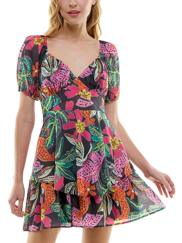 Evening Looks Juniors Womens Printed Above Knee Fit & Flare Dress