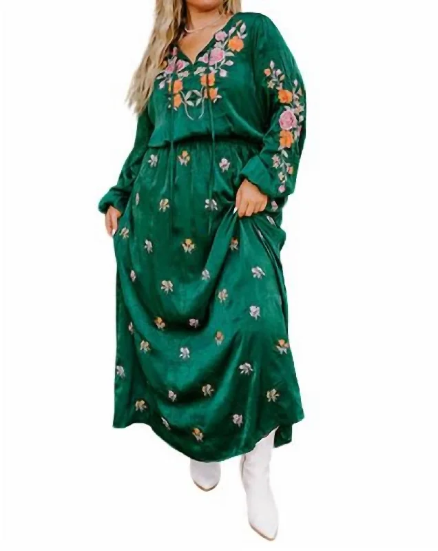 Women's Clothing for Every Season and Trend Long Embroidery Dress In Hunter Green