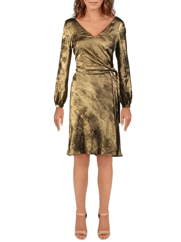 Formal Garments For Women Marlette Womens Sateen Faux Wrap Cocktail Dress