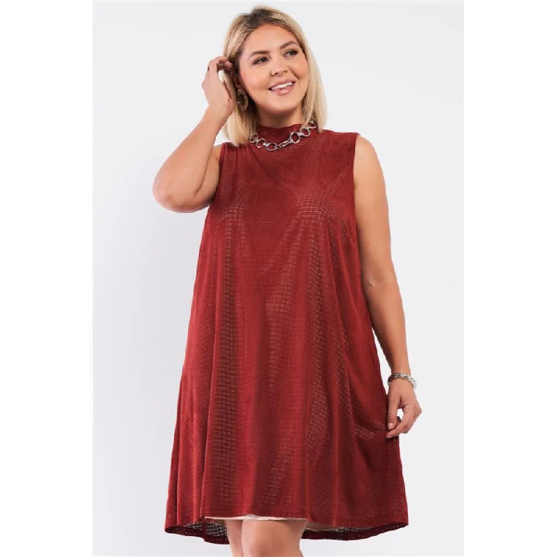 Versatile Women's Fashion Plus Rust And Nude Illusion High Neck Swing Dress