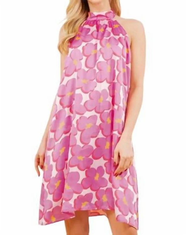 Fashionable Women's Clothing Shift High Neck Short Dress In Light Purple With Purple, Pink, And Yellow Flowers
