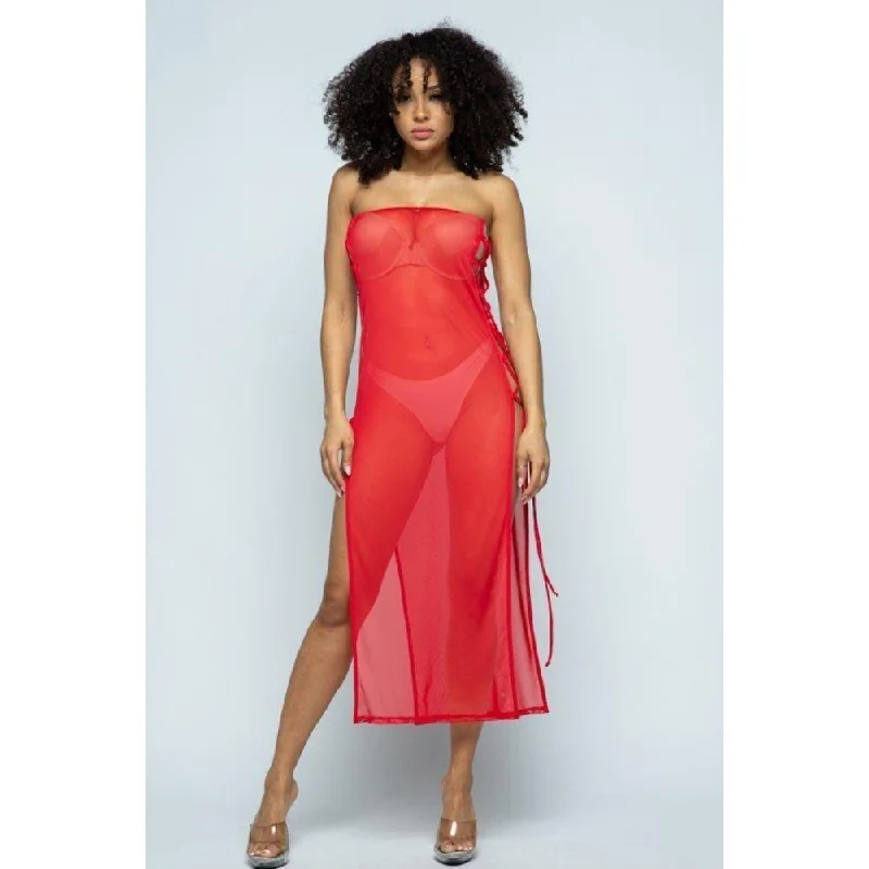Women's Occasion Wear Clothes Solid Mesh Side Lace Up Cover Up Dress
