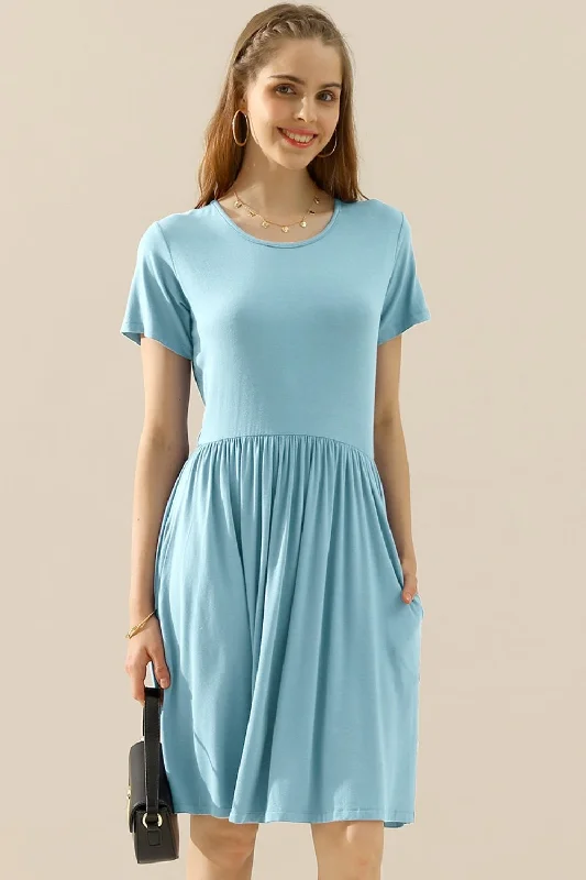 Women's Office Outfit Full Size Round Neck Ruched Dress with Pockets