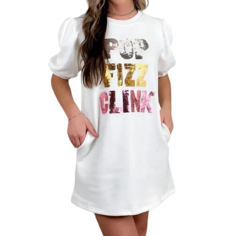 Relaxed Style Pop Fizz Clink Sequin Dress In White