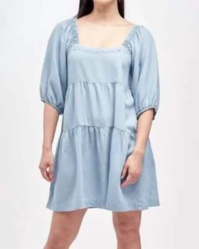 Trendy Boutique Online Tiered Dress With Puff Sleeves In Denim