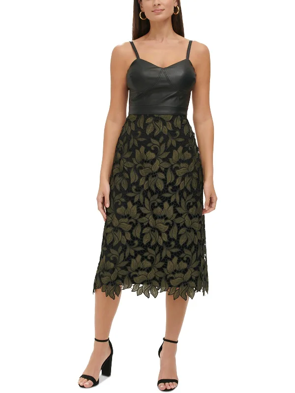 Bold Fashion Womens Lace Overlay Mid Calf Fit & Flare Dress