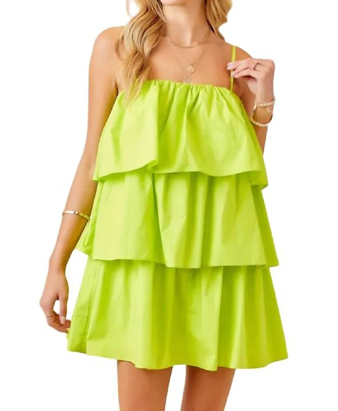 Sporty Streetwear Flounce Tiered Poplin Dress In Lime