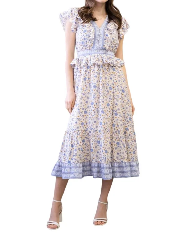 Women's Holiday Clothes Flutter Dress In Blue Multi