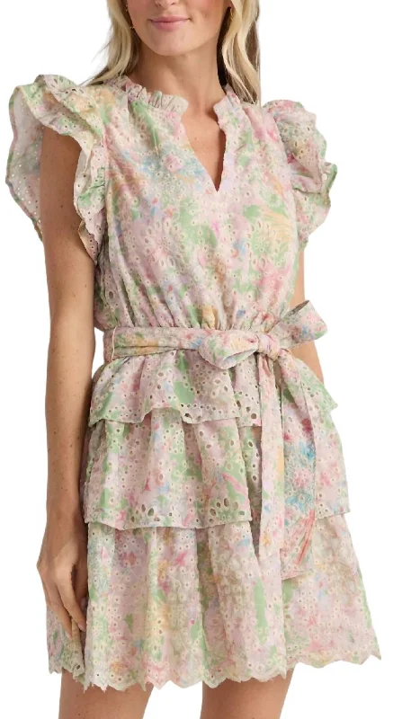 Contemporary Women's Clothing Print Eyelet Lace Tiered Dress In Pink Green