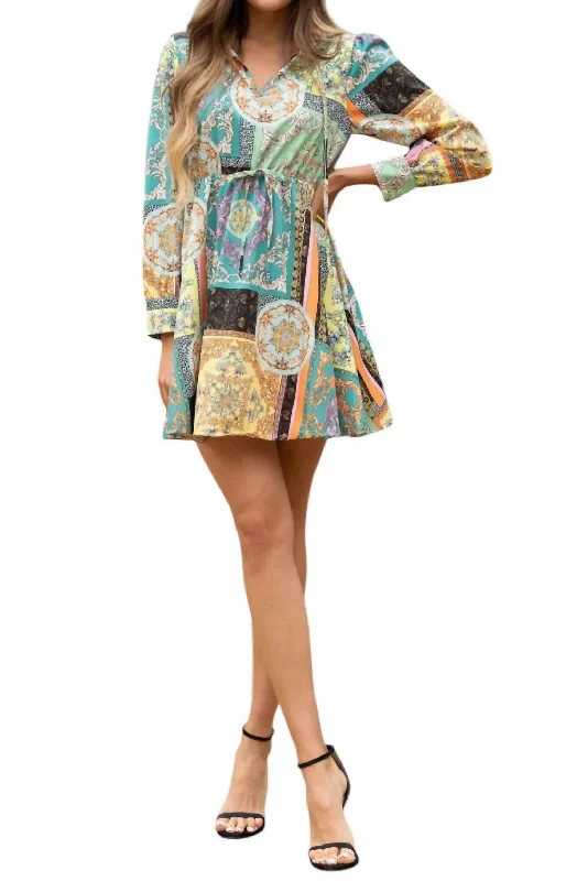Women's Stylish Outdoor Outfit Patterned Tie Waist Longsleeve Dress In Multi