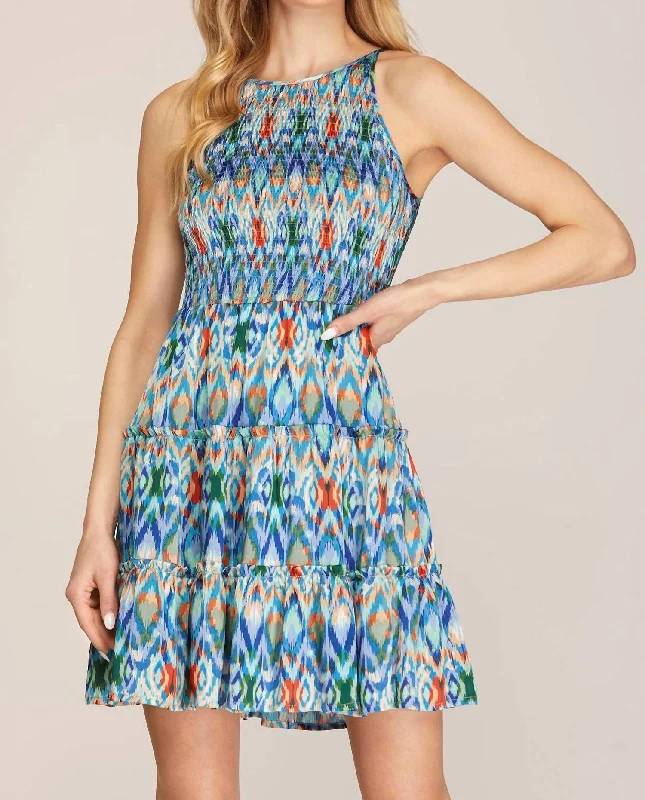 Women's Vacation Outfit Set Cami Smocked Print Tiered Dress In Blue Mix