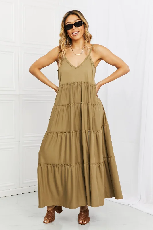 Women's Holiday Clothing Full Size Spaghetti Strap Tiered Dress with Pockets in Khaki