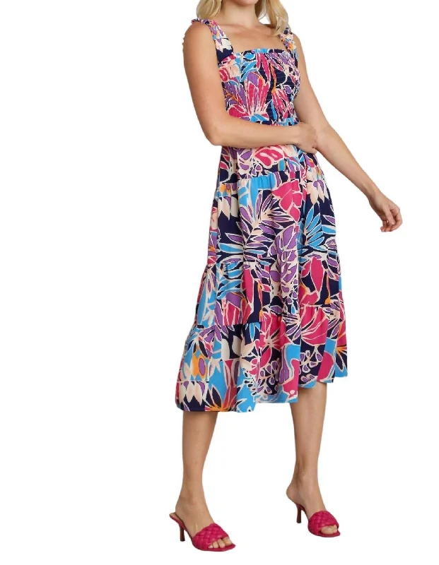 Vibrant Styles Tropical Print Smocked Tiered Dress In Purple