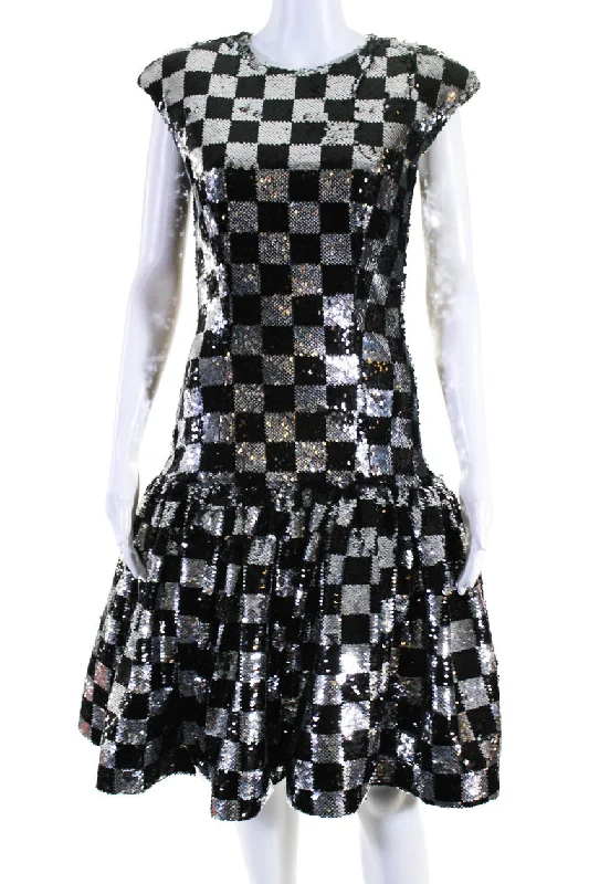 Clothing For Women Rodarte Womens Sequined Check Drop Waist Dress Black Silver