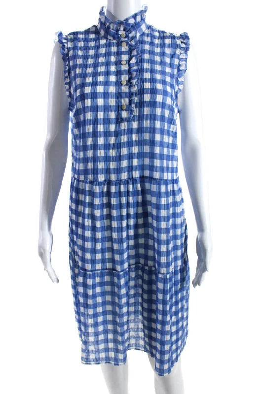 Women's Elegant Clothes 0039 Italy Womens Plaid Button Down A Line Pompea Dress Blue White
