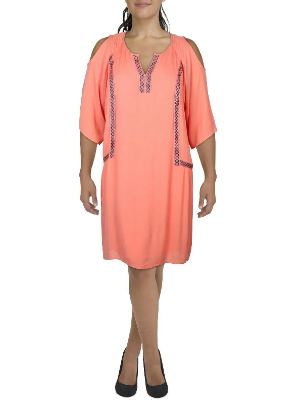Plus-Size Women's Clothing Womens Embroidered Cold Shoulder Wear To Work Dress