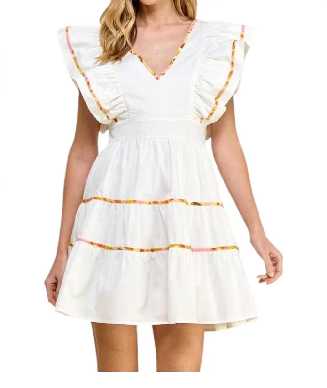 Earthy Tones Poplin Ruffle Sleeve Dress In White