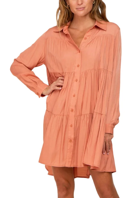 Women's Elegant Clothes Tiered Button Down Dress In Peach