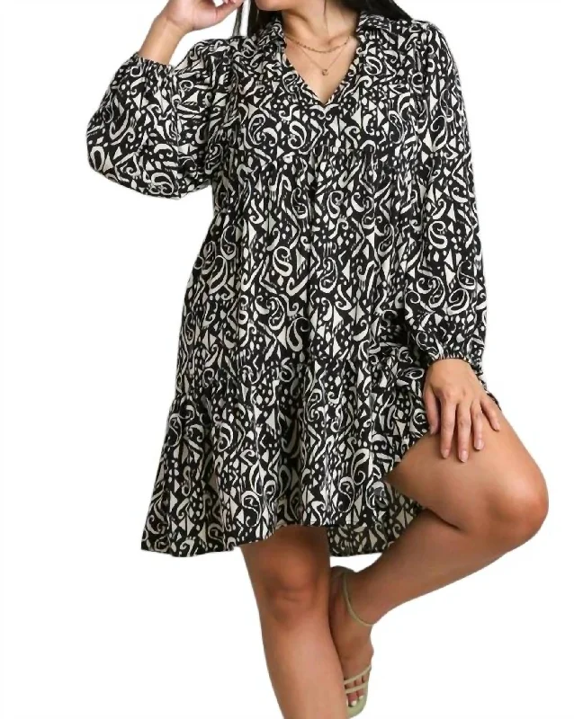 Women's Chic Outerwear Outfit Two Tone Print Tiered Dress In Black
