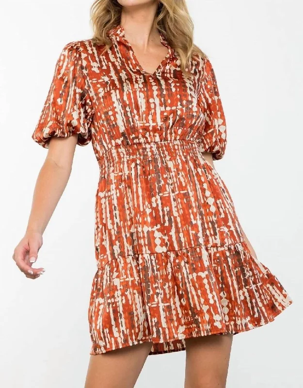 Glamorous Evening Wear Puff Sleeve Print Dress In Rust Print