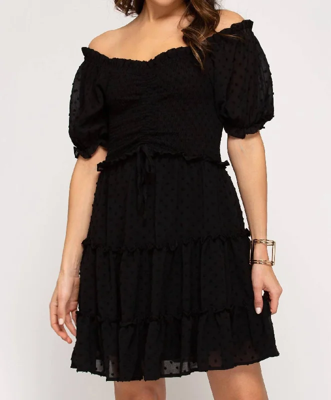 Women's Evening Outfit Smocked Tiered Off The Shoulder Dress in Black