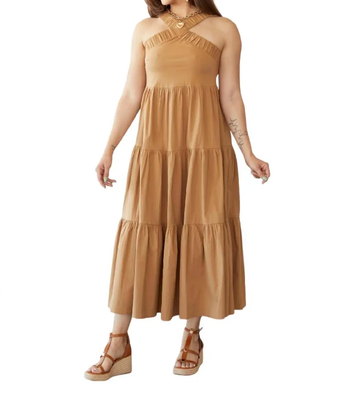 Vibrant Femme Fashion Cool Halter Neck Tiered Dress In Coffee