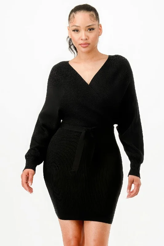 Sale Clearance Off Shoulder Wrap Belted Ribbed Sweather Dress