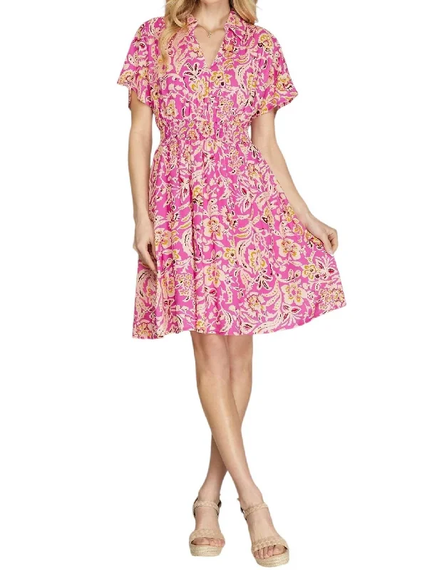 Women's Plus-Size Garments Short Drop Sleeve Printed Collared Dress In Hot Pink